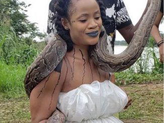 Nollywood actress, Uche Ogbodo wraps live python round her neck (Video)