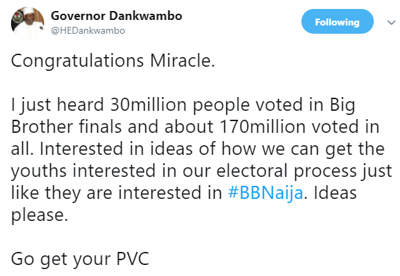 Gombe state governor, Ibrahim Dankwambo wants to know how Nigerian youths can be made to vote during elections just as they voted massively during #BBNaija