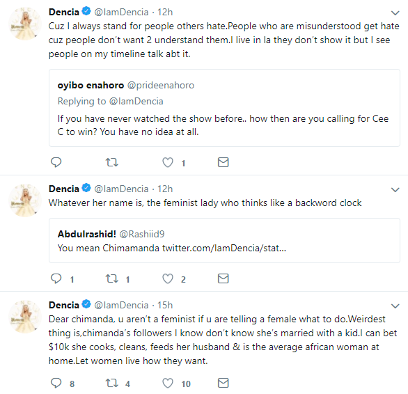 Dear Chimamanda, you aren’t a feminist if u are telling a female what to do, let women live how they want - Dencia
