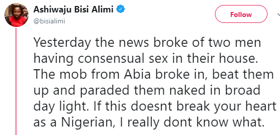 Bisi Alimi reacts to reports of two homosexual men beaten and paraded naked in Imo