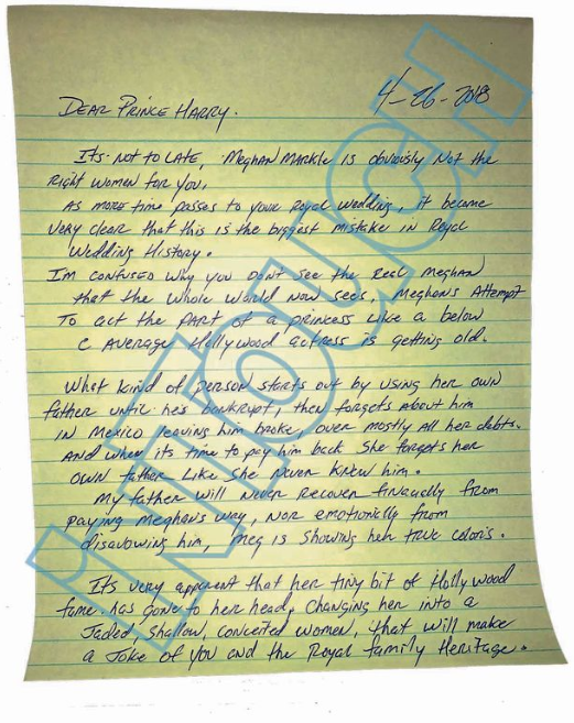 Markle’s brother writes letter telling Prince Harry to call off their wedding