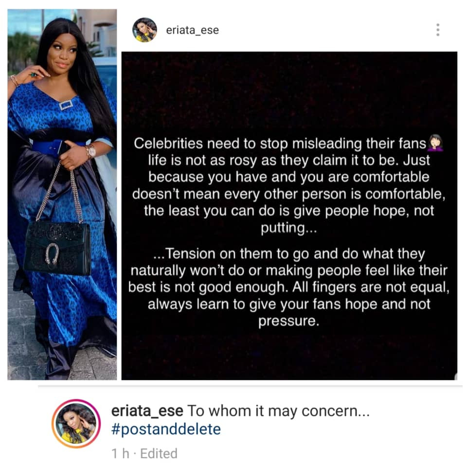 Celebrities need to stop misleading their fans, life isn't as rosy as they claim- BBNaija fake housemate, Ese Eriata rants on IG