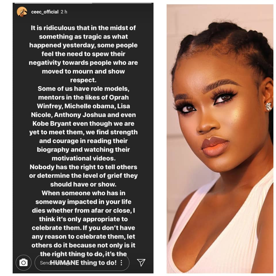 Nobody has the right to tell others the level of grief to show- Ceec replies Koko, others criticizing Nigerians that are mourning Kobe Bryant