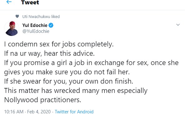 'I condemn sex for jobs completely, it has wrecked many men especially Nollywood practitioners' - Nollywood actor, Yul Edochie says
