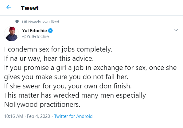 'I condemn sex for jobs completely, it has wrecked many men especially Nollywood practitioners' - Nollywood actor, Yul Edochie says