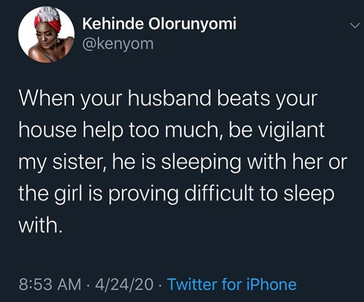 "When your husband beats your house help too much, he is sleeping with her" Actress Kehinde Olorunyomi warns