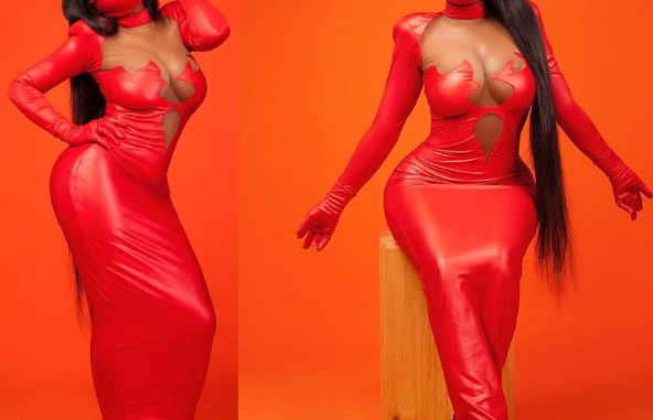 Actress, Yvonne Jegede stuns in cleavage-baring latex dress with matching nose masks (photos)