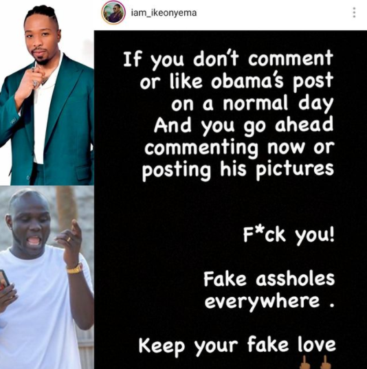 ''Keep your fake love''- reality TV star, IK Onyema, warns people who have never posted photos of late Obama DMW but will do now that he is dead