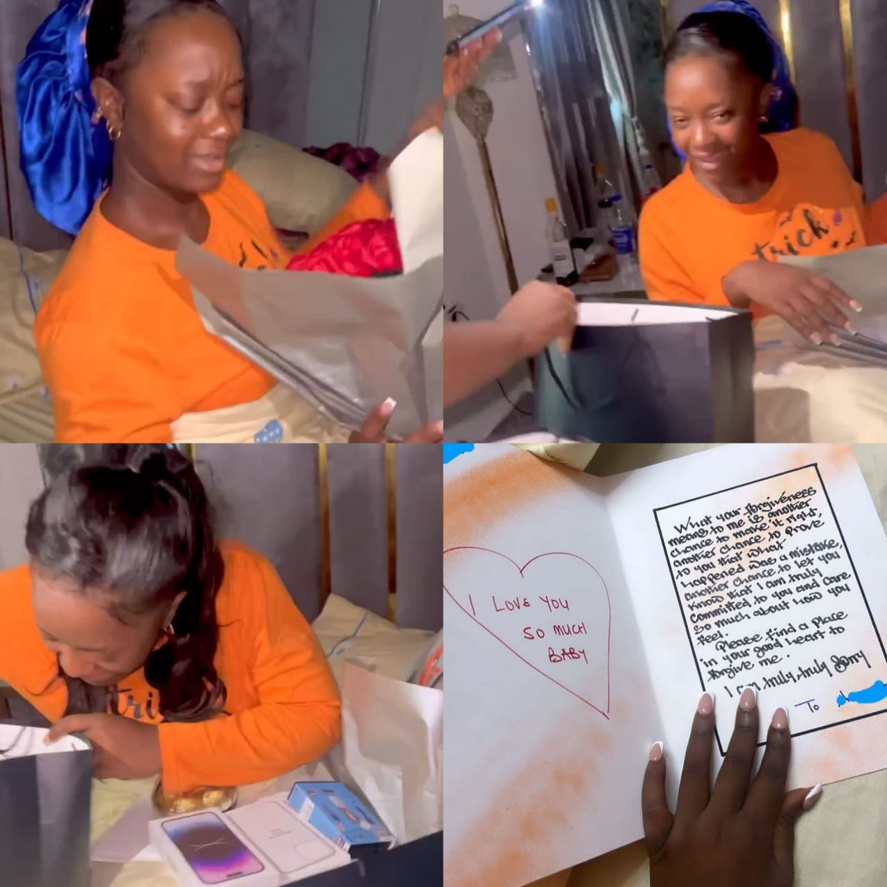 Actress Luchy Donald shows off the box of chocolates, phone, flowers her boyfriend sent to her just to apologize for offending her (video)