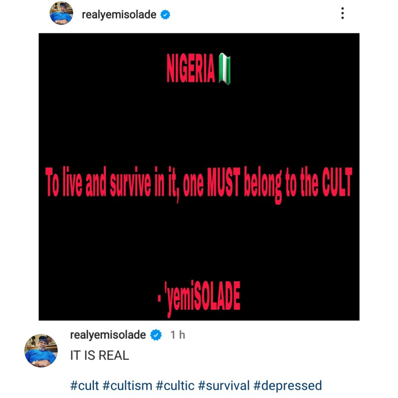 To live and survive in Nigeria, one must belong to the cult - Actor Yemi Solade writes as he reveals he is battling with depression