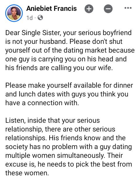 "Your serious boyfriend is not your husband. Please don't shut yourself out of the dating market" - Nigerian filmmaker advises women