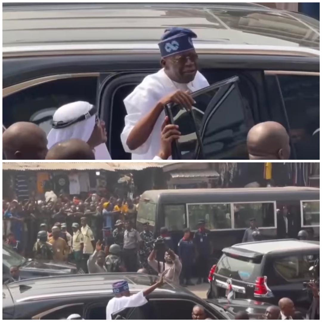 Nigerians troop out to greet President Tinubu after he prayed at Lagos Central Mosque (video)
