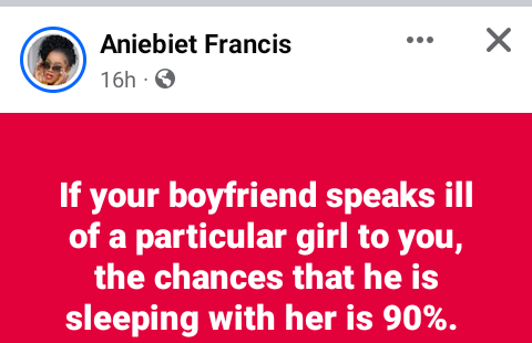 If your boyfriend speaks ill of a particular girl to you the chances that he is sleeping with her is 90% - Nollywood actress, Aniebiet Francis says