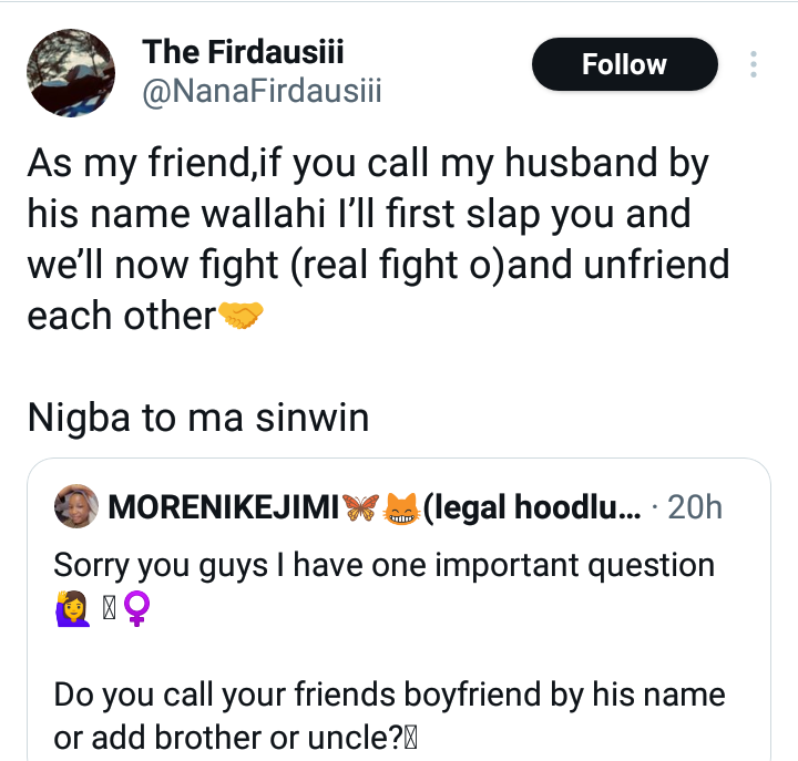 As my friend, if you call my husband by his name I will slap and fight you - Nigerian lady says