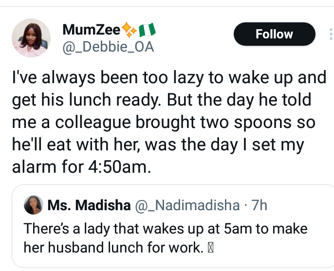 Nigerian woman reveals why she wakes up at 5am to make lunch for her husband