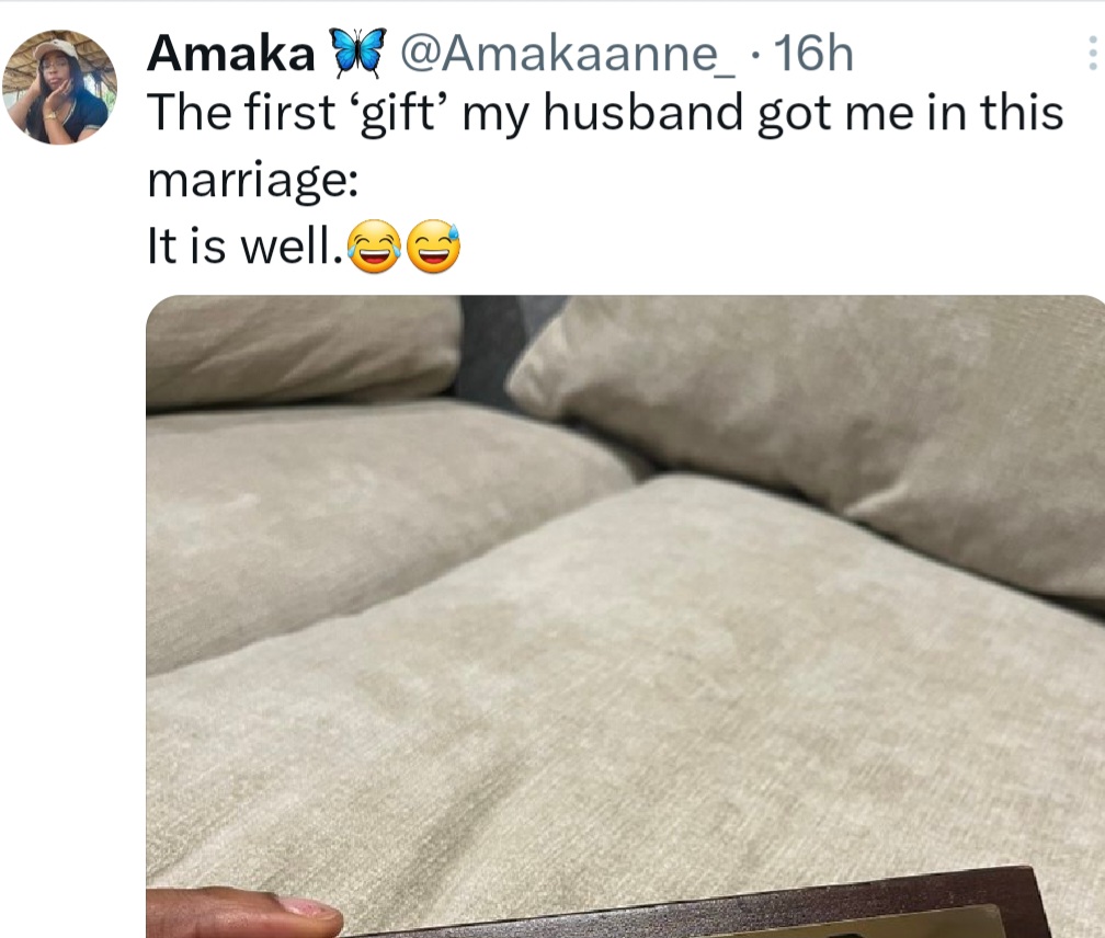 "It is well," newlywed woman writes as she reveals first "gift" her husband gave her after wedding