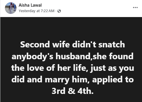 Second wife didn't snatch anybody's husband, she found the love of her life just as you did and married him - Nigerian woman says