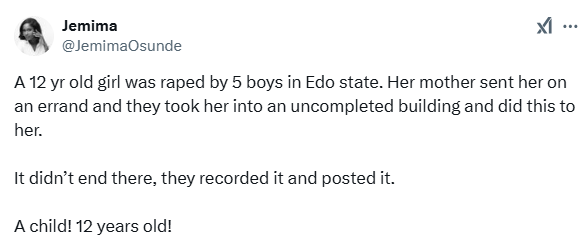It didn’t end there, they recorded and posted it - Actress Jemima Osunde expresses anger over gang-r3pe of 12-year-old girl by five boys in Edo